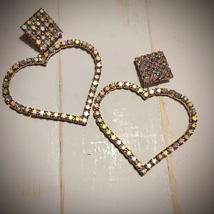 Oversized Heart Dangle Aurora B Post Earrings With Backs Rose Gold Tone